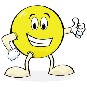 Cartoon illustration of a happy face with hands and legs showing a 'thumbs up' sign
